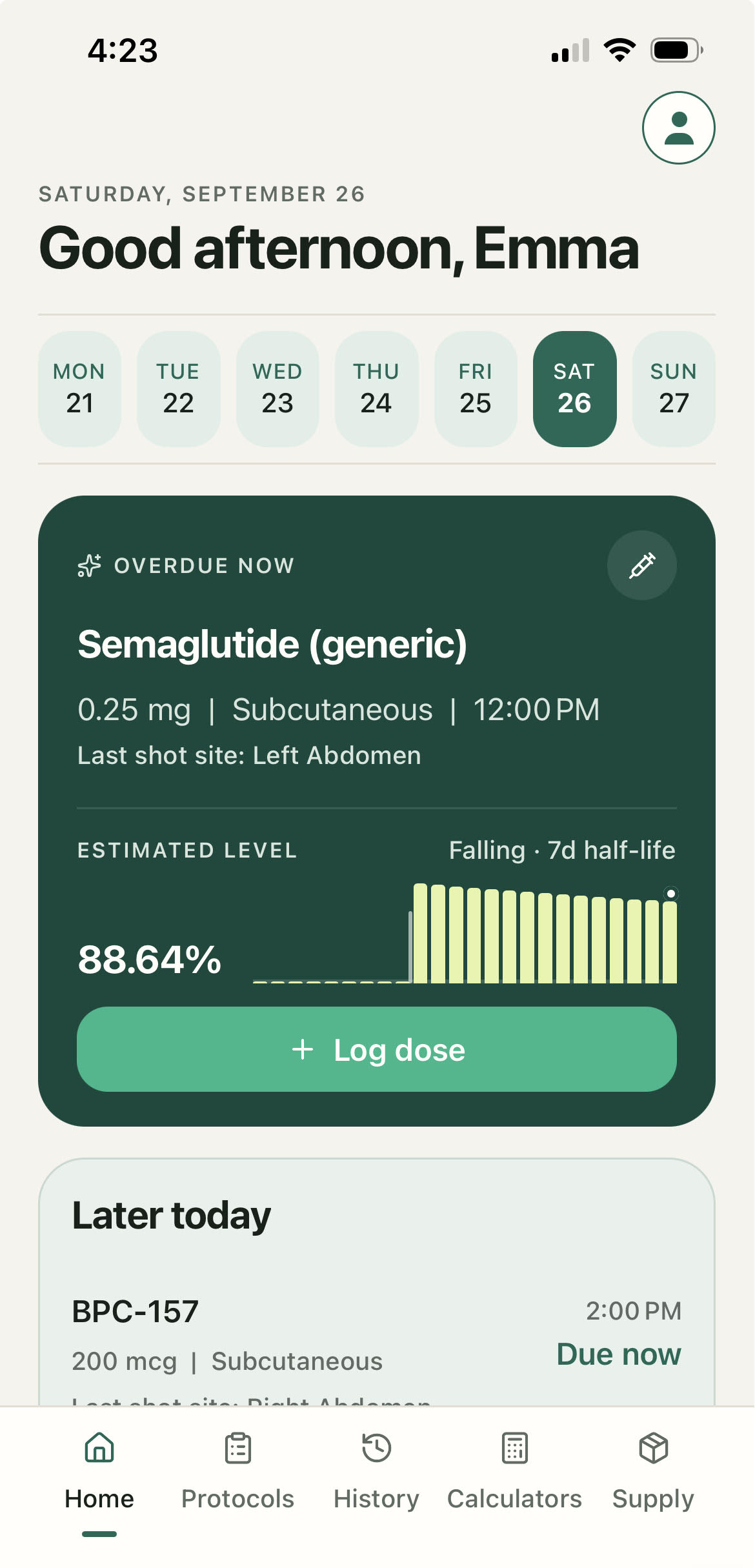 Protocolit home screen showing today's schedule, estimated level, and this week's summary.