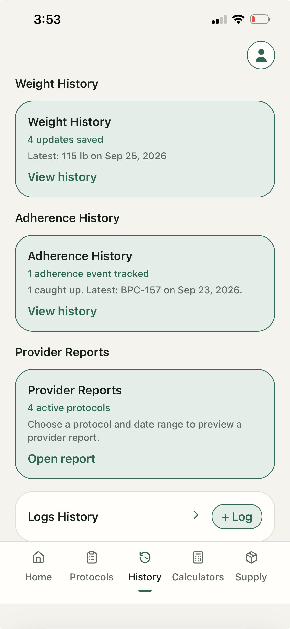 Protocolit history screen showing weight history, adherence history, provider reports, and logs history together in one place.