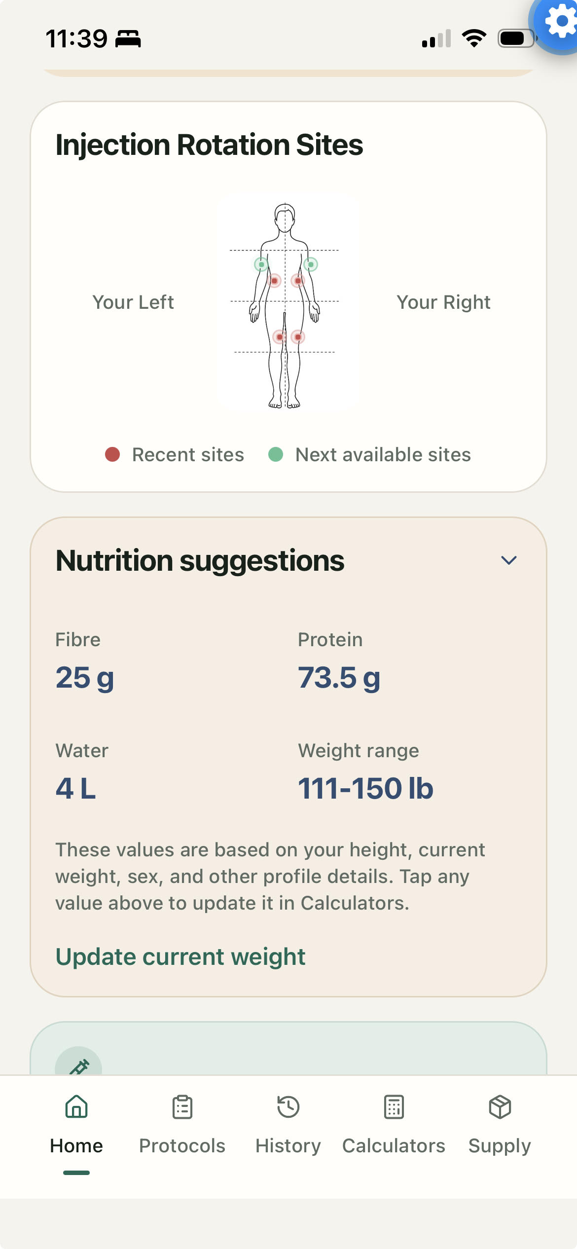 Protocolit injection rotation body map showing recent and next available sites, with nutrition estimates below.