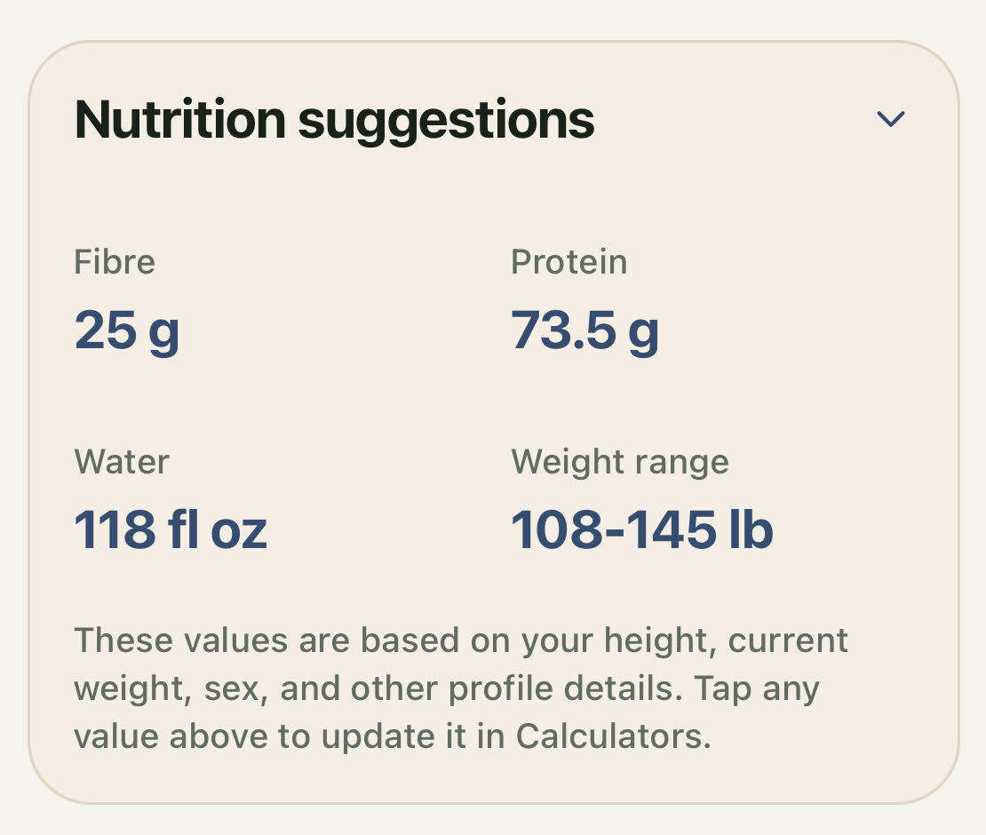 Protocolit nutrition suggestions card showing fibre, protein, water, and weight range targets.